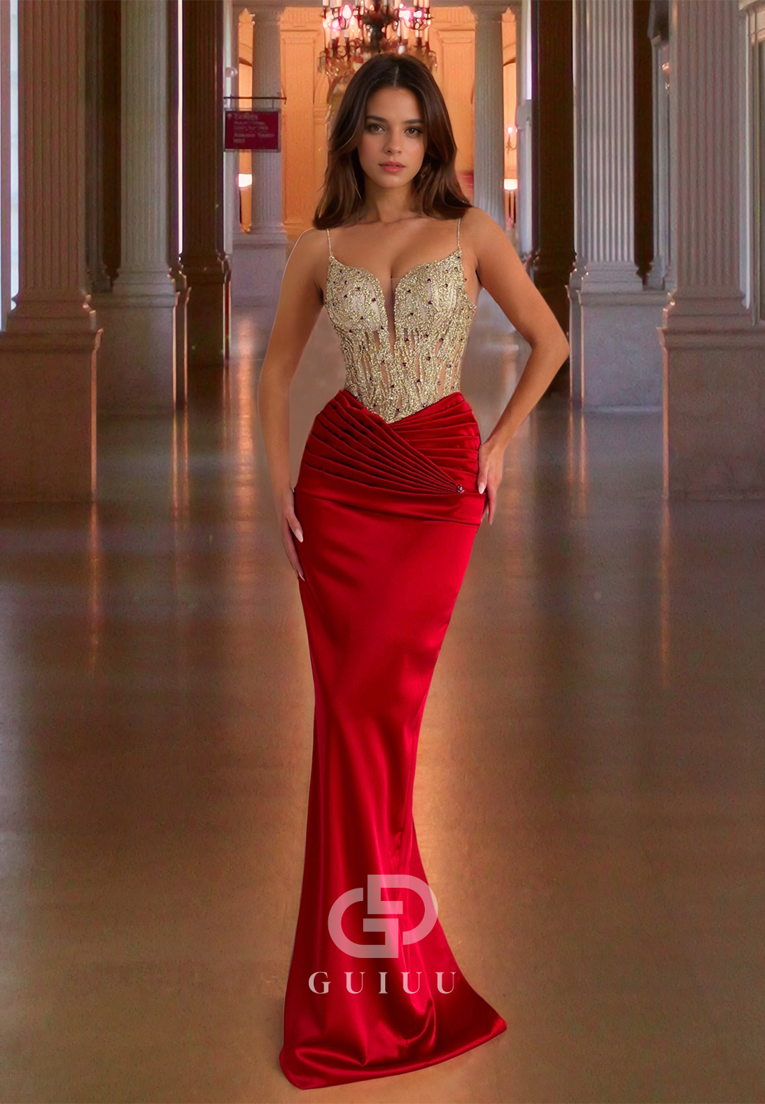 Sheath Strapless Straps Sleeveless Beaded Pleated Long Prom Dress with Train