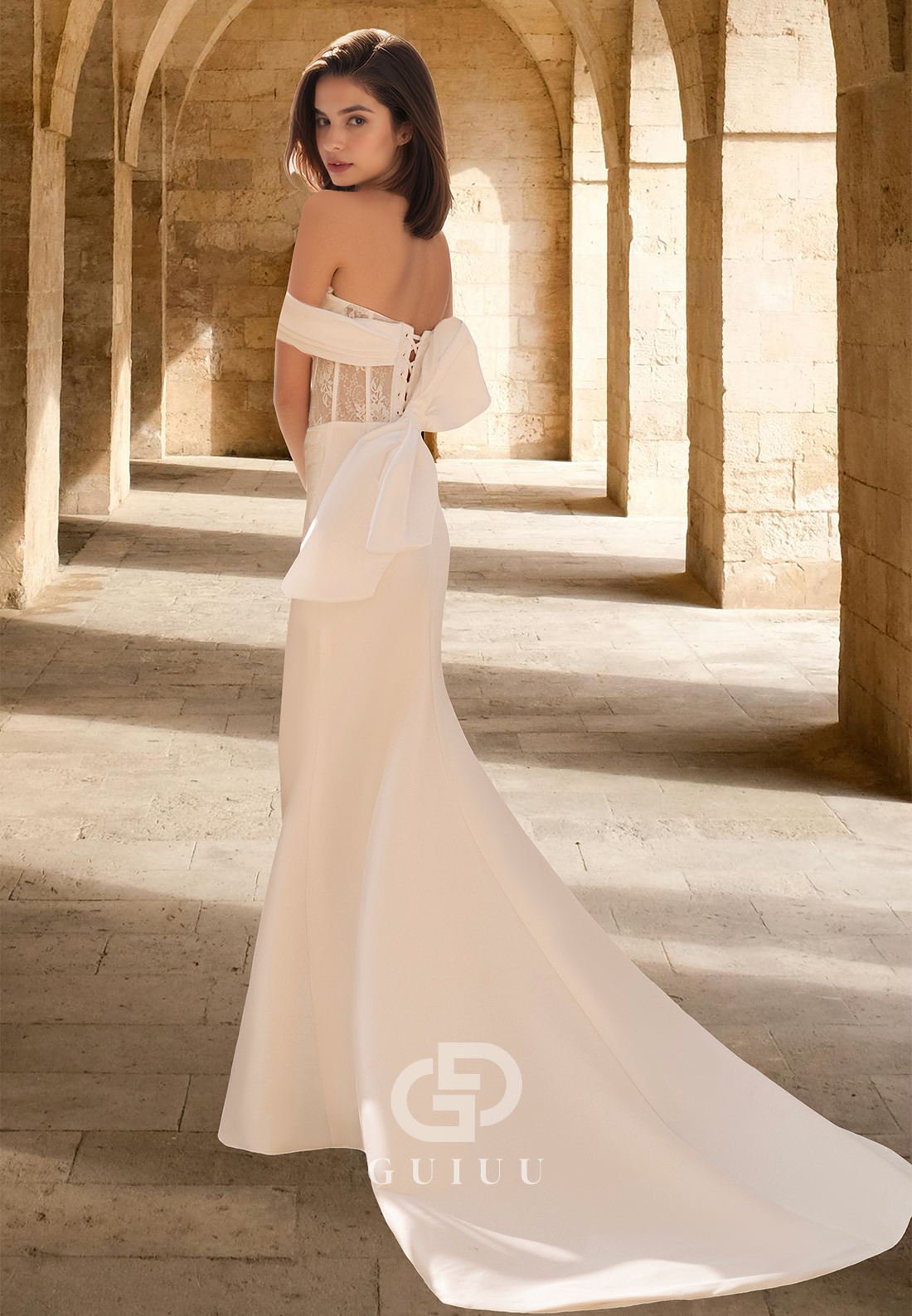 Sheath Off-Shoulder Cap Sleeves Corset Tulle Slit Sweep Train Satin Wedding Dress