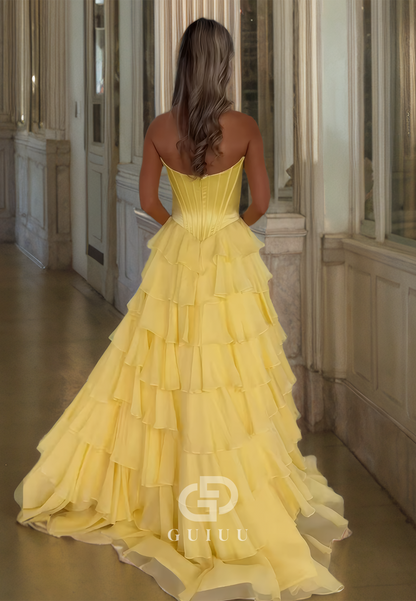 A Line Sweetheart Tiered Yellow Long Prom Dress with Slit Formal Gown