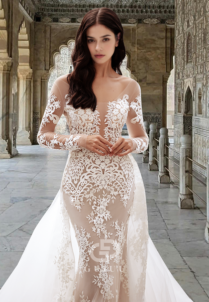 Charming V-Neck Lace Long Sleeves Floral Appliques Mermaid Wedding Dress