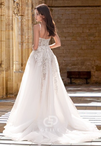 A-Line Spaghetti Straps Floral Appliques Corset Tulle Beach Lace Wedding Dress