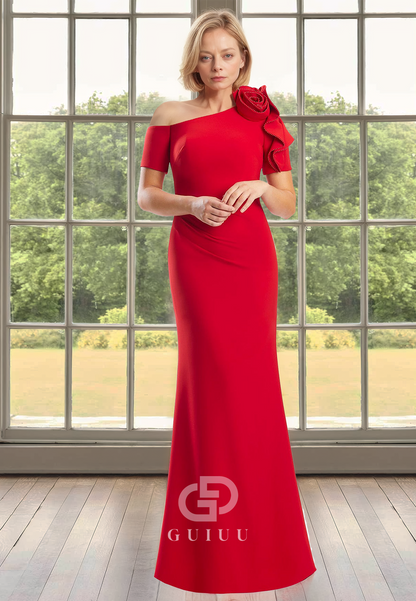 Sheath Short Sleeves Floral Appliques Floor-Length Ruched Satin Wedding Dress