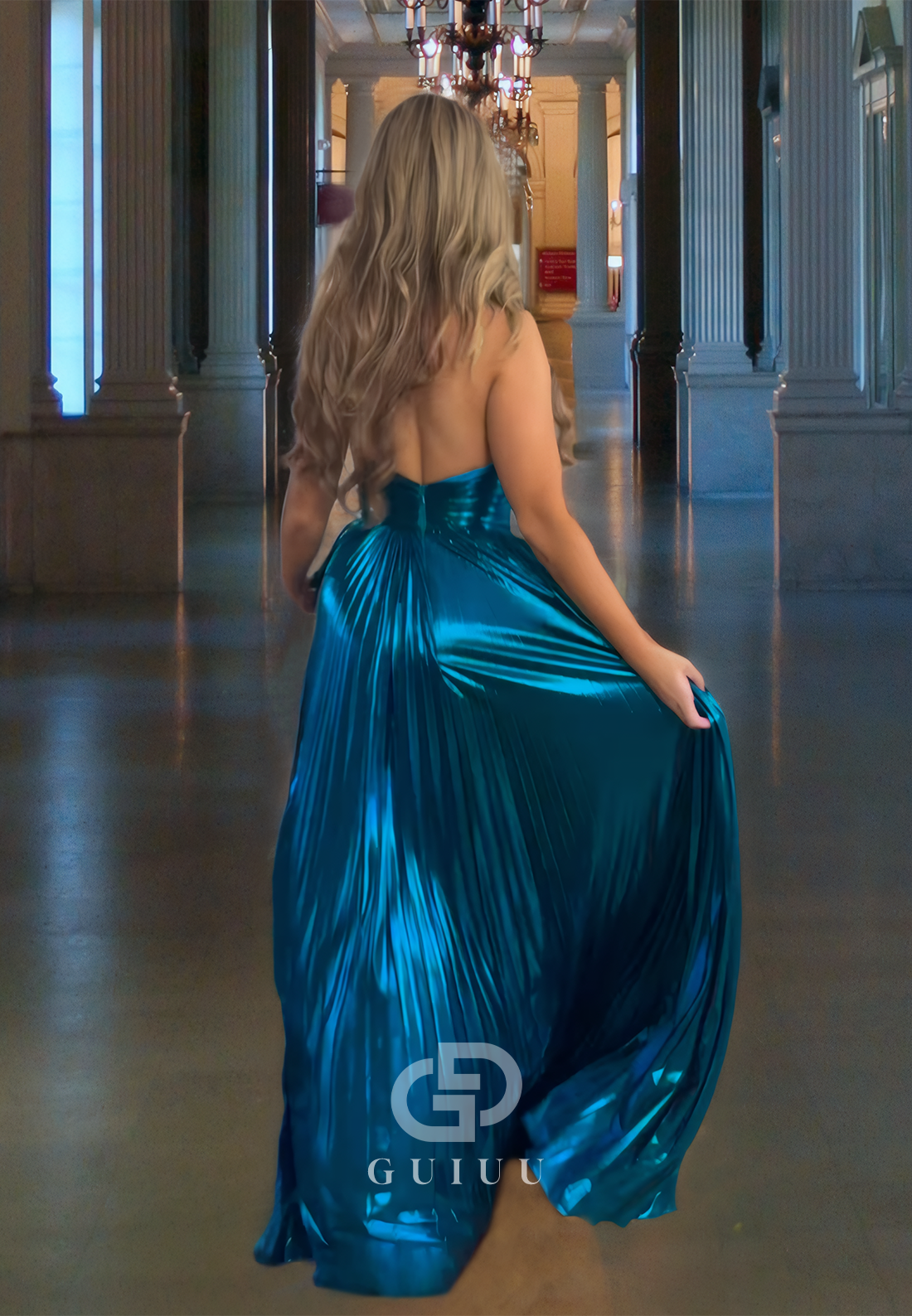 A-Line Halter Sleeveless Pleated Open Back Long Prom Dress with High Side Slit and Train