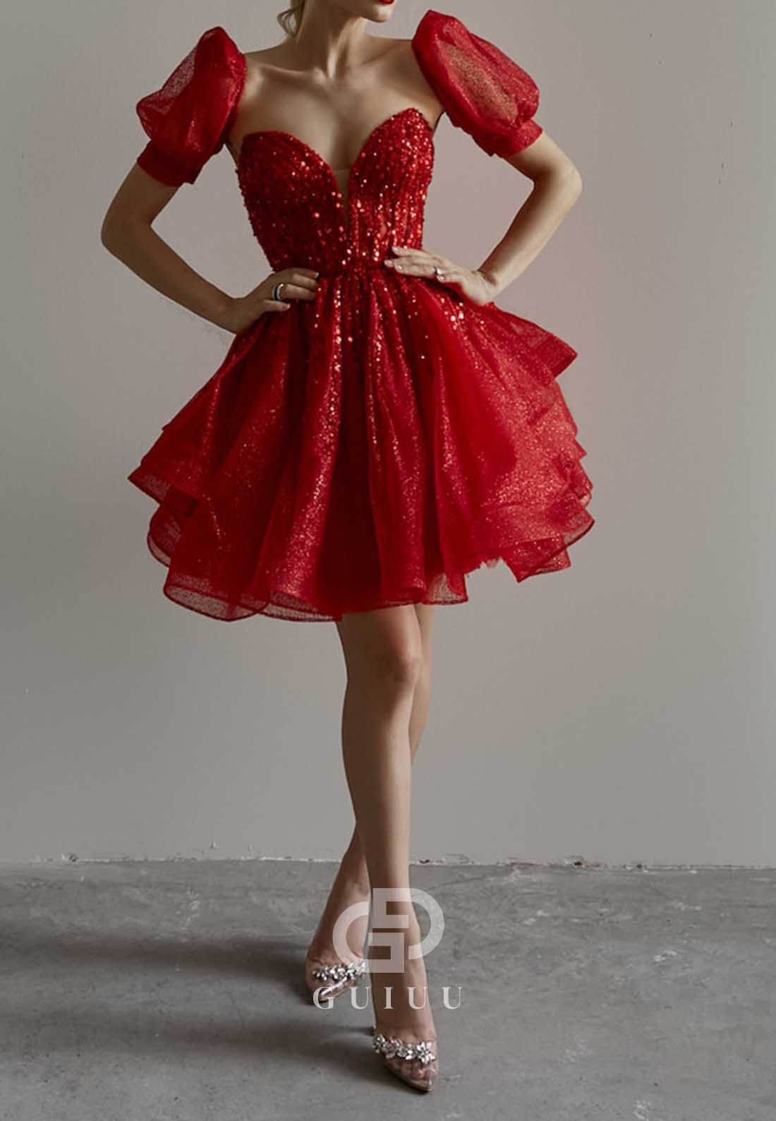 Red Short Sleeves Sweetheart Short Homecoming Dress