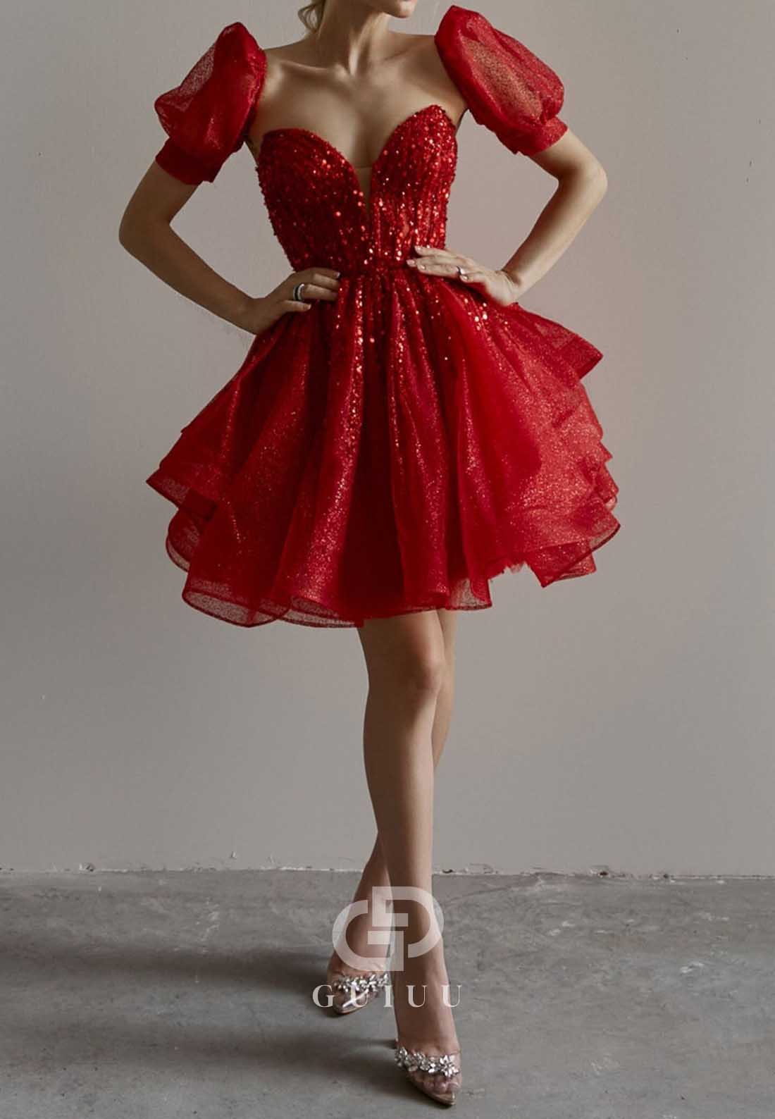 Red Short Sleeves Sweetheart Short Homecoming Dress