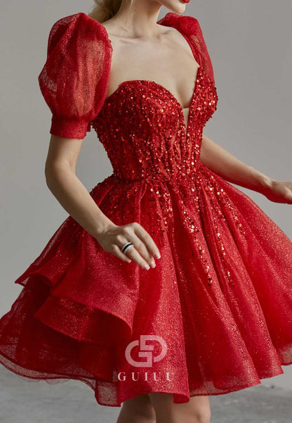 Red Short Sleeves Sweetheart Short Homecoming Dress