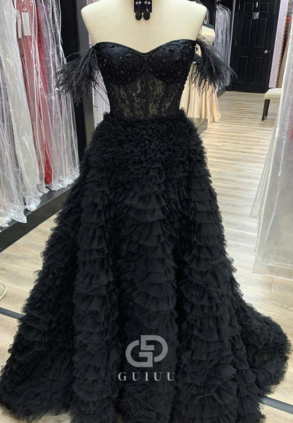 A-Line Sweetheart Tiered Tulle Long Prom Dress With Slit