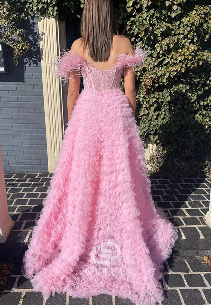 A-Line Sweetheart Tiered Tulle Long Prom Dress With Slit