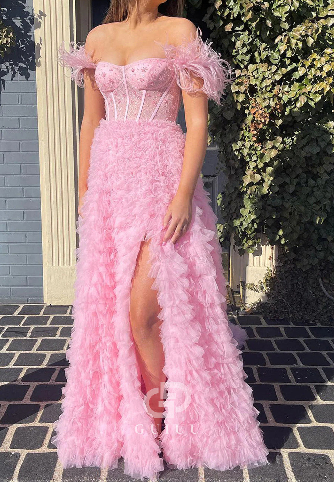 A-Line Sweetheart Tiered Tulle Long Prom Dress With Slit