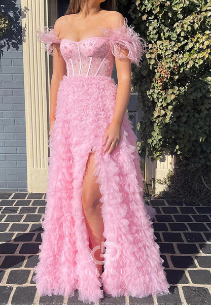 A-Line Sweetheart Tiered Tulle Long Prom Dress With Slit