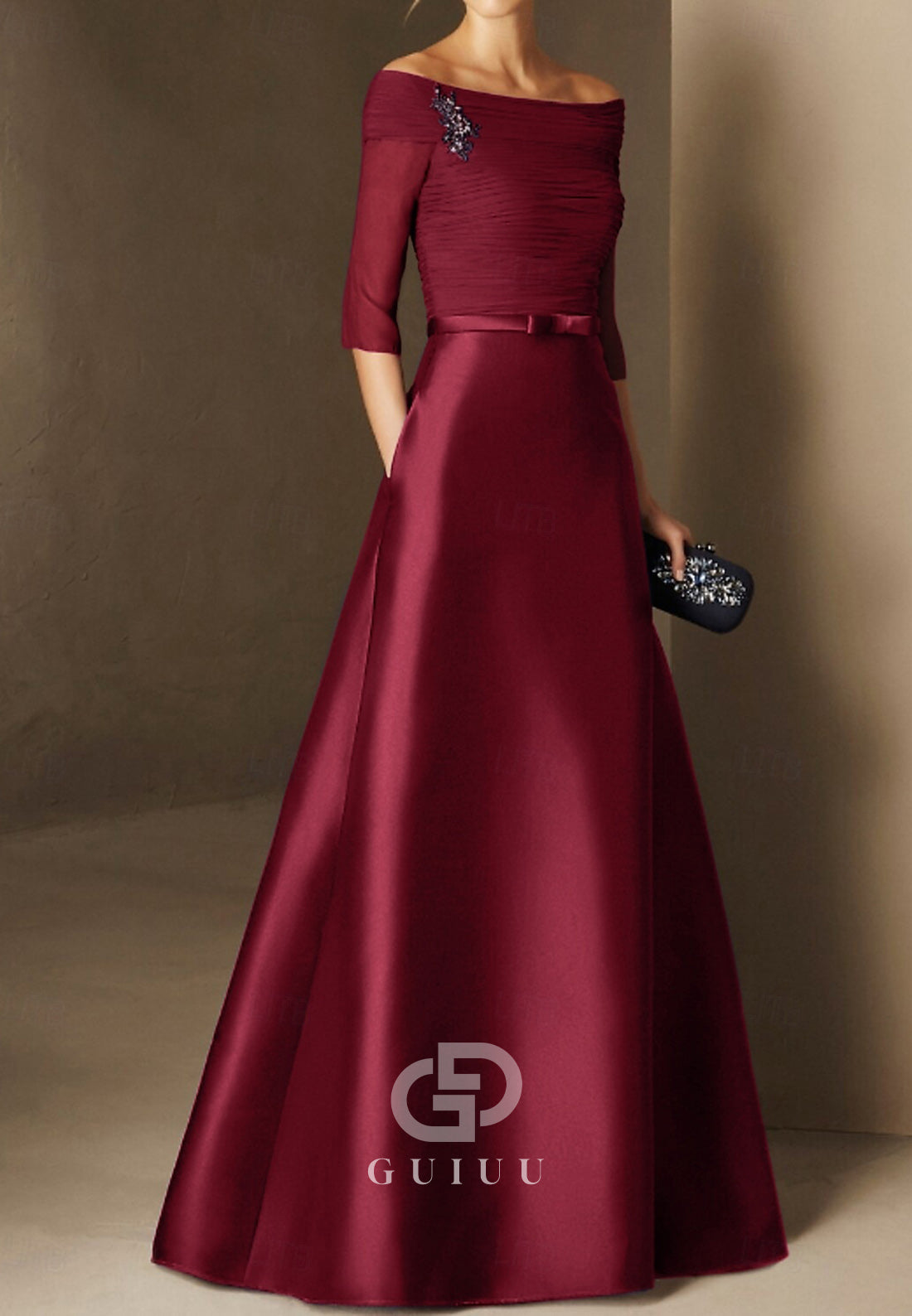 Half Sleeves Scoop Ruched A-Line Satin Mother of the Bride Dress