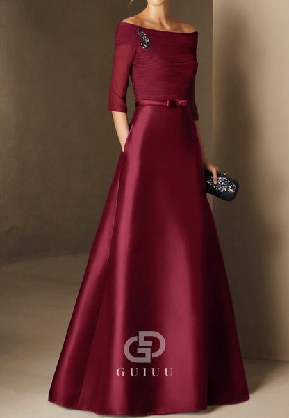 Half Sleeves Scoop Ruched A-Line Satin Mother of the Bride Dress