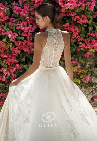 Halter Sheath Lace Apliques Wedding Dress with Beads