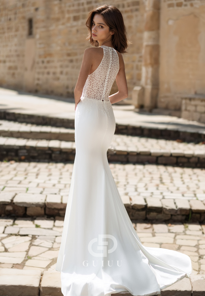 Halter Sheath Lace Apliques Wedding Dress with Beads
