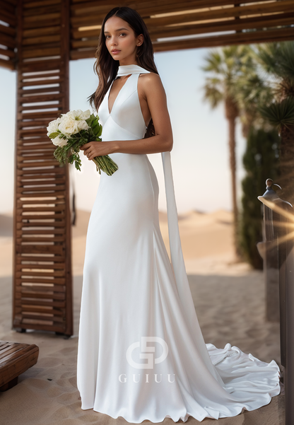 Halter Sleeveless Backless Sweep Train Satin Wedding Dress