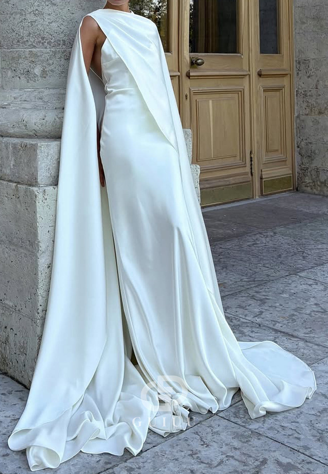 Halter Sleeveless Ruched Cape Backless Satin Wedding Dress