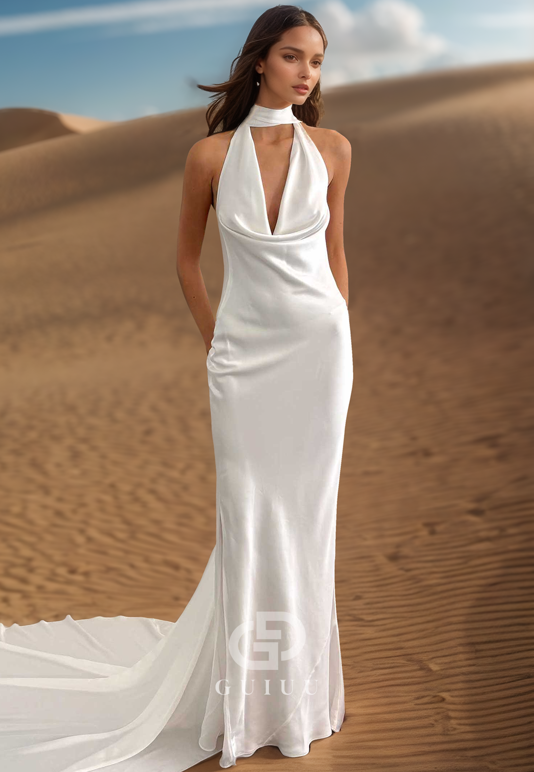 Halter Sleeveless Ruched Sweep Train Backless Sheath Wedding Dress