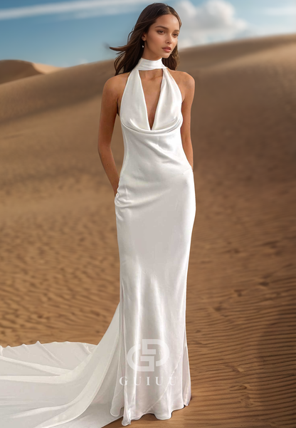 Halter Sleeveless Ruched Sweep Train Backless Sheath Wedding Dress