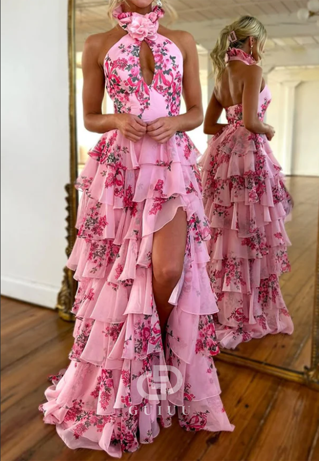 Halter Sleeveless Ruffles A-Line Chiffon Prom Dress