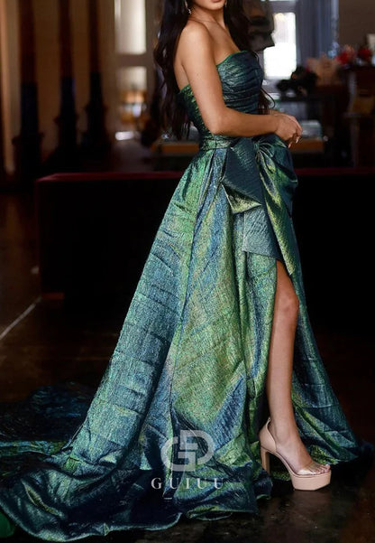 Strapless Sleeveless A - Line Long Prom Dress With Bowknot