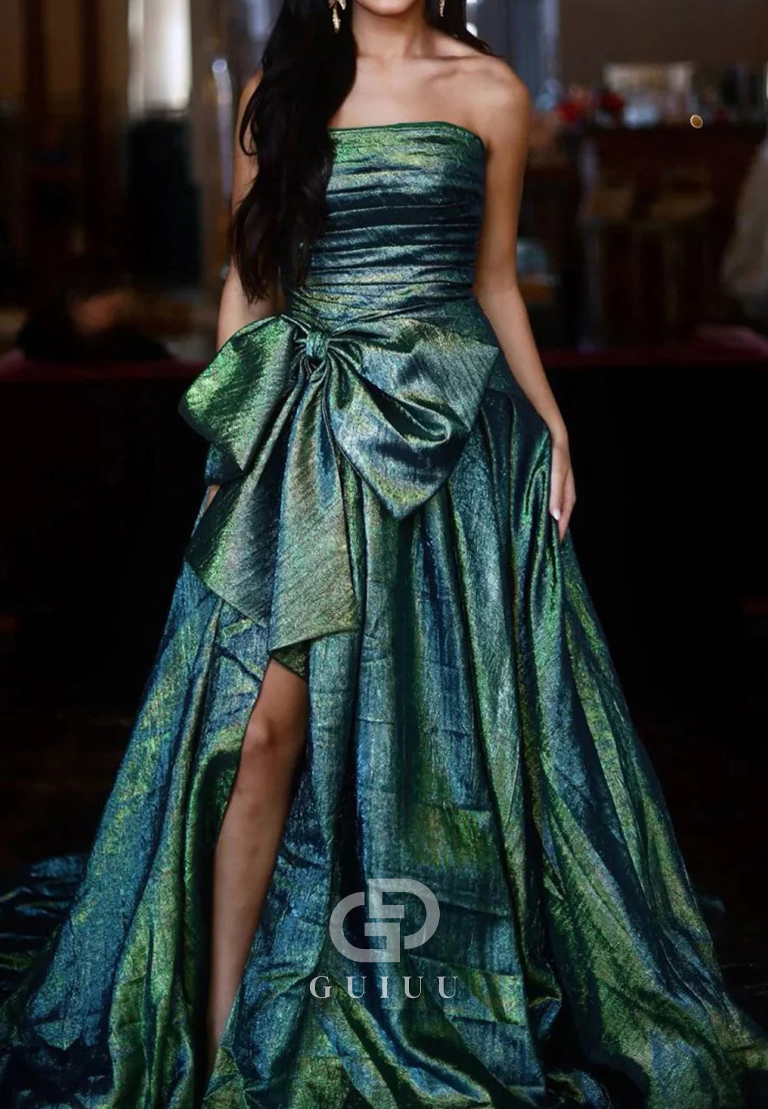 Strapless Sleeveless A - Line Long Prom Dress With Bowknot