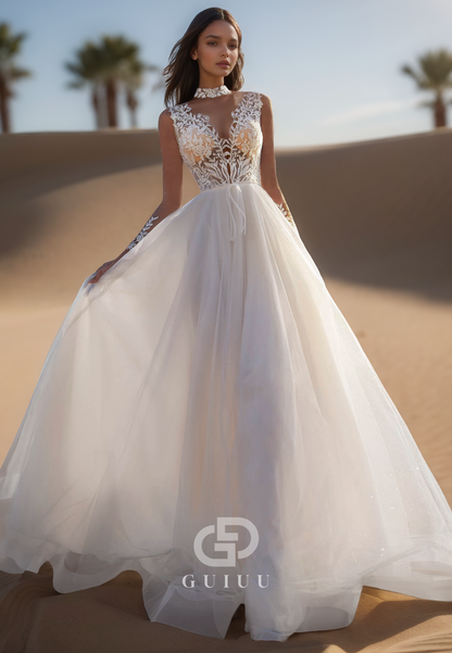 High Neck Long Sleeves A-Line Sweep Train Lace Wedding Dress