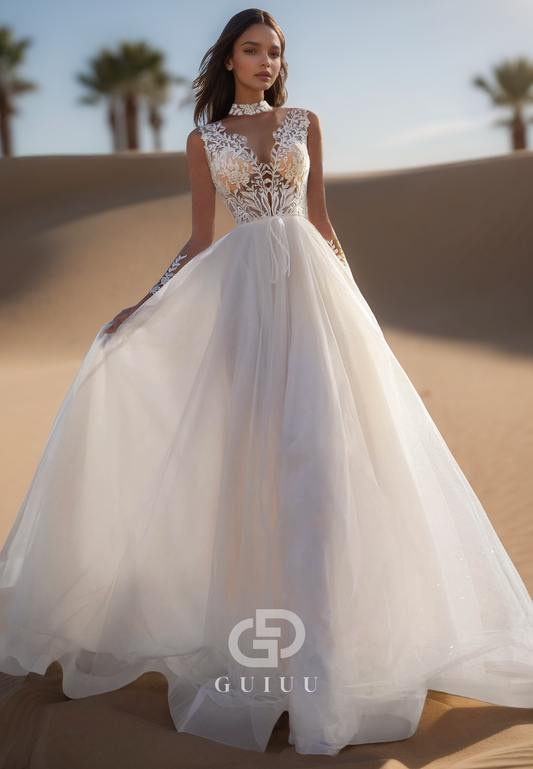 High Neck Long Sleeves A-Line Sweep Train Lace Wedding Dress