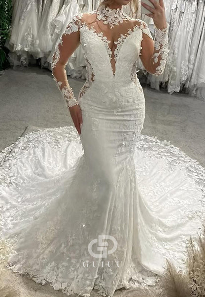 High Neck Long Sleeves Backless Appliques Mermaid Wedding Dress