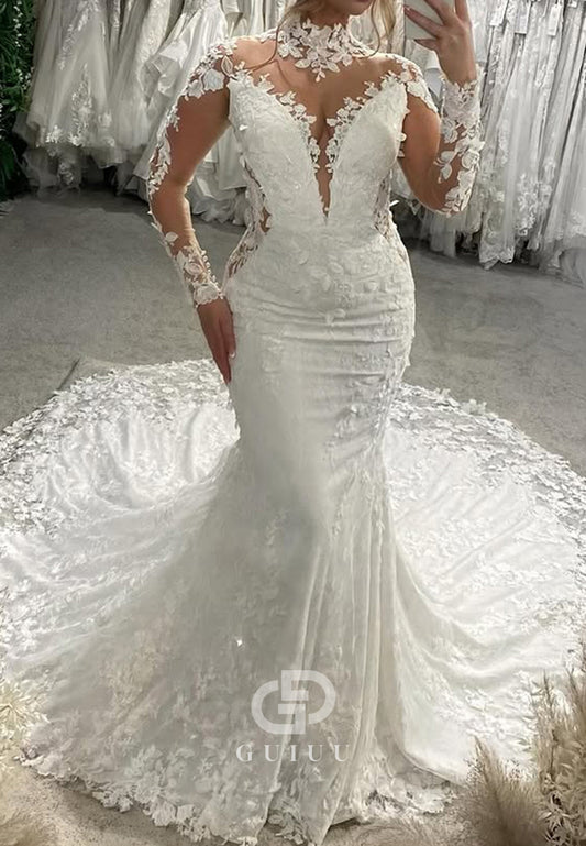 High Neck Long Sleeves Backless Appliques Mermaid Wedding Dress