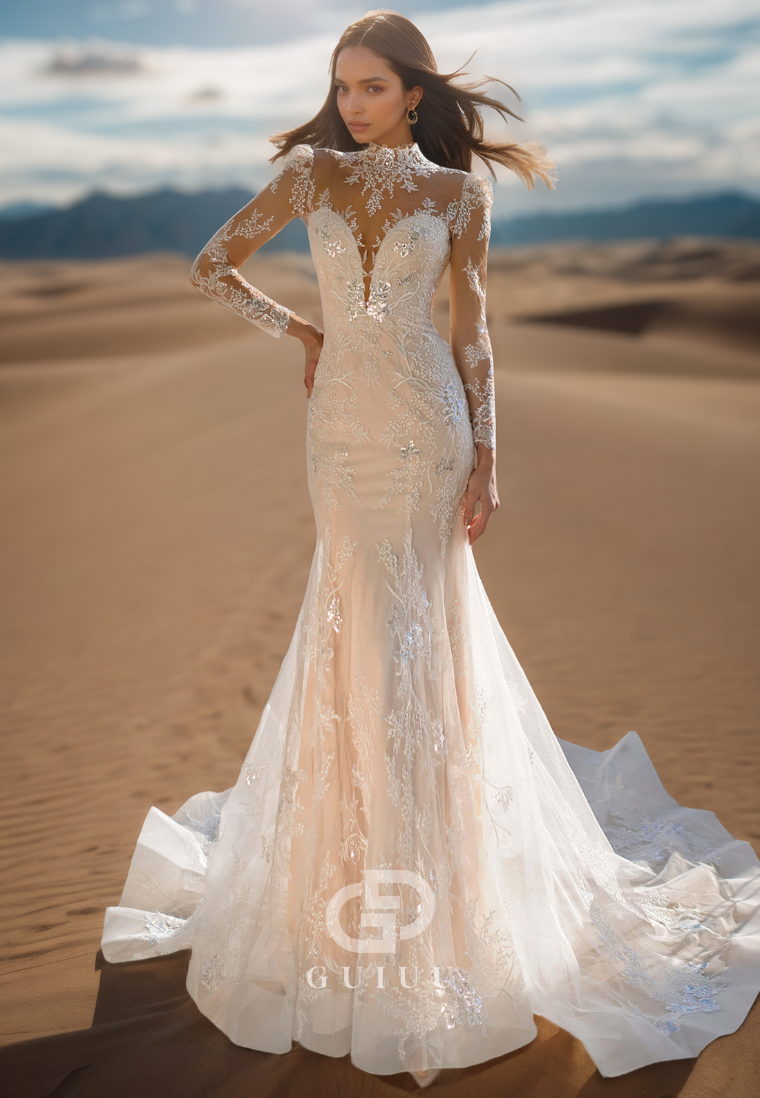 High Neck Long Sleeves Empire-Waist Lace Mermaid Wedding Dress