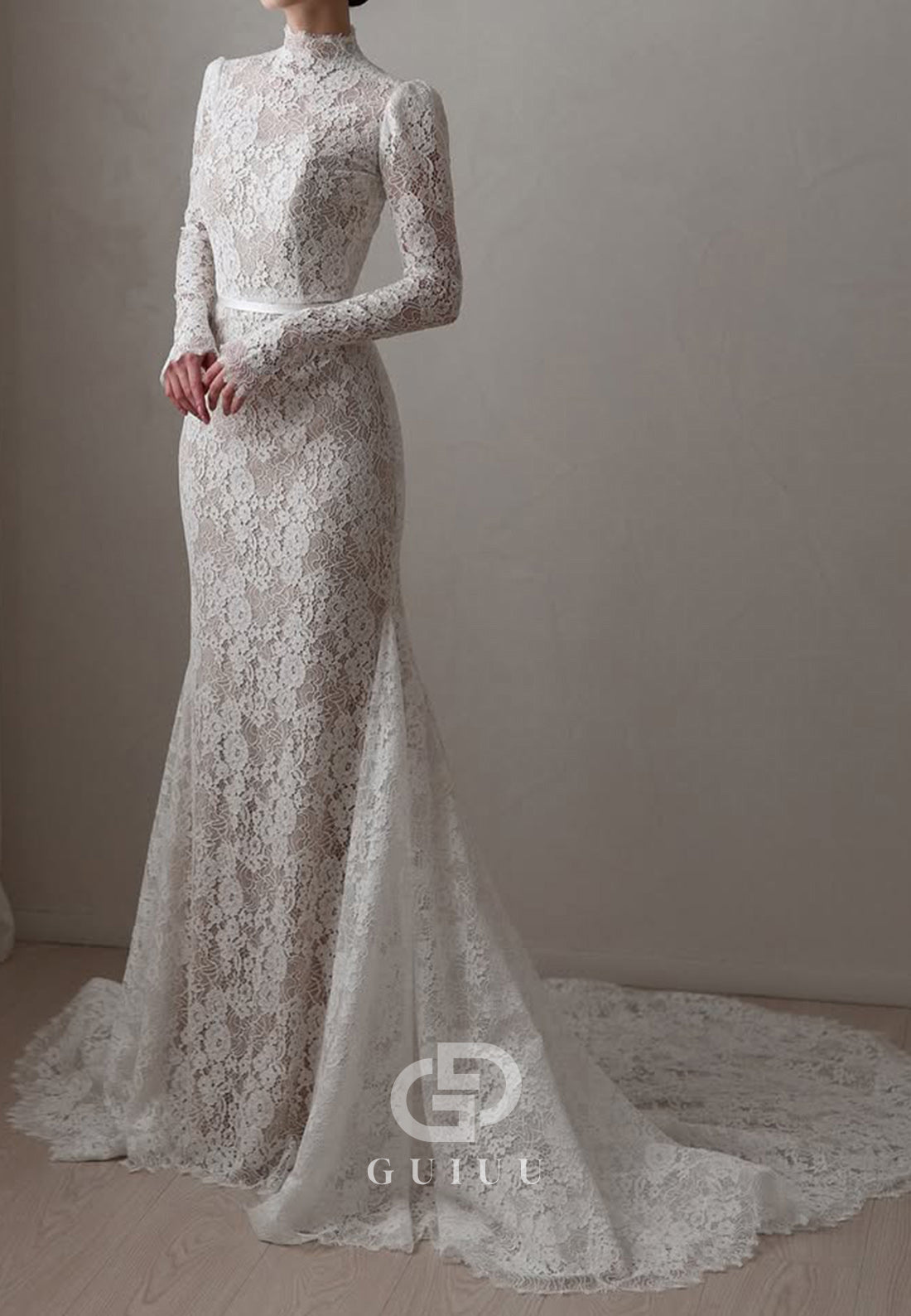 High Neck Long Sleeves Empire-Waist Wedding Dress
