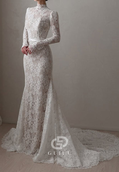 High Neck Long Sleeves Empire-Waist Wedding Dress