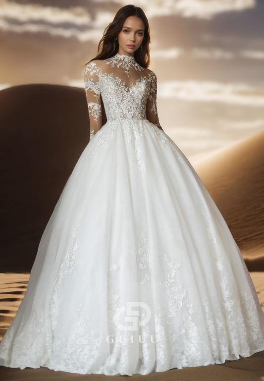 High Neck Long Sleeves Floral Appliques Lace Wedding Dress
