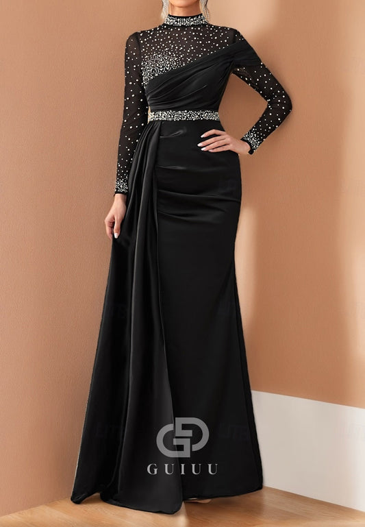 High Neck Long Sleeves Pearls Empire-Waist Mother of the Bride Dress