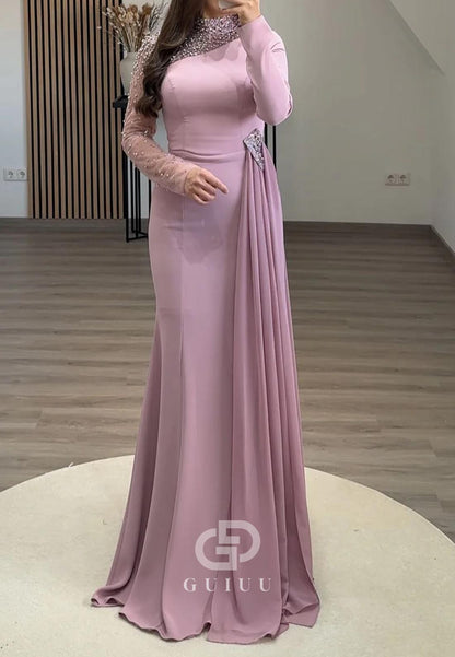 High Neck Long Sleeves Pearls Ruched Floor-Length Evening Dress