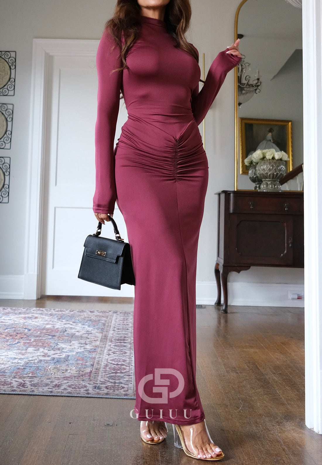 High Neck Long Sleeves Ruched Evening Dress