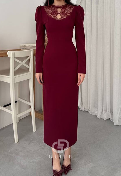 High Neck Long Sleeves Satin Semi-Formal Dress