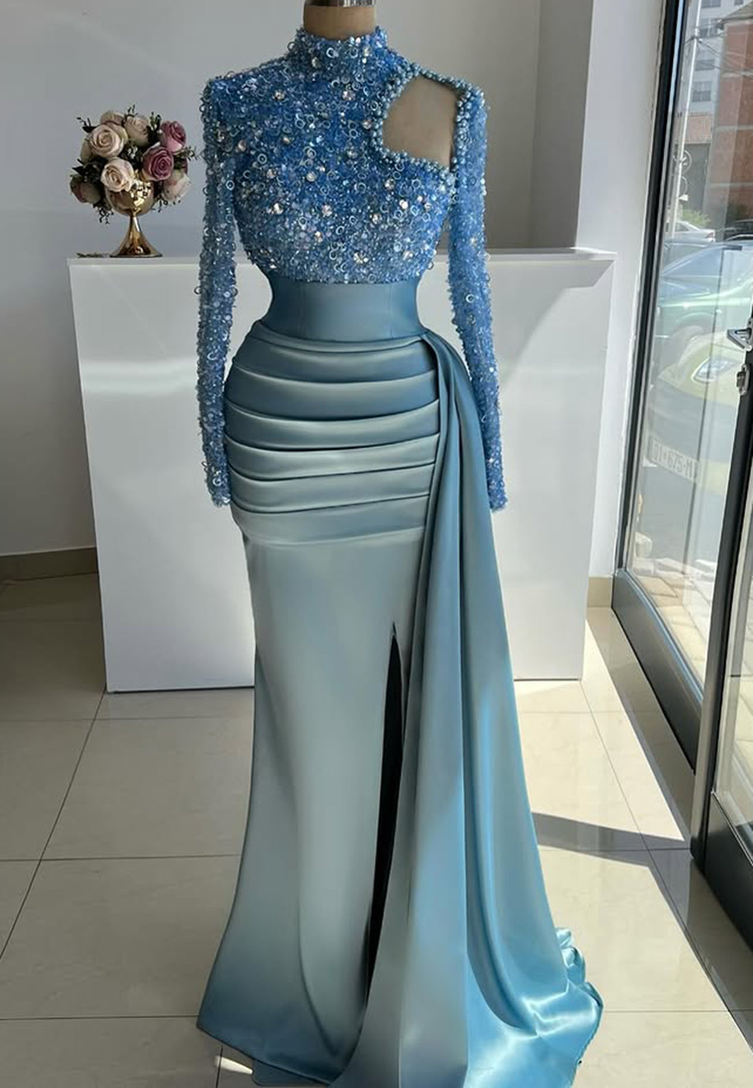 G3817 - Chic & Modern Sheath High Neck Sequined and Draped Formal Party Gown Prom Dress with Overlay