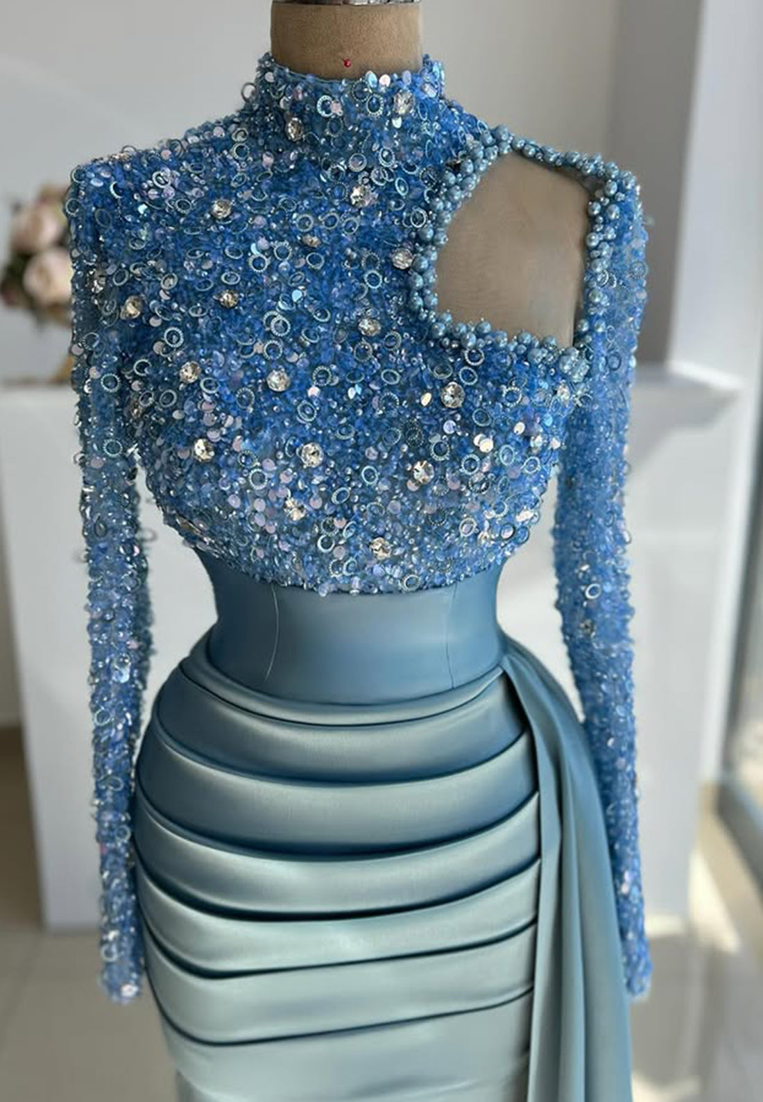 G3817 - Chic & Modern Sheath High Neck Sequined and Draped Formal Party Gown Prom Dress with Overlay