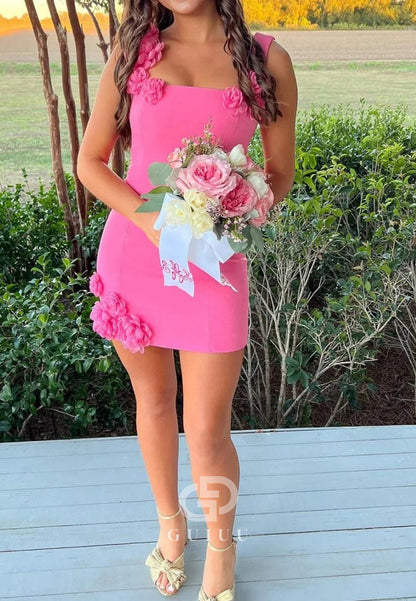 Hot Pink Floral Applique Square Neck Mini Homecoming Dress