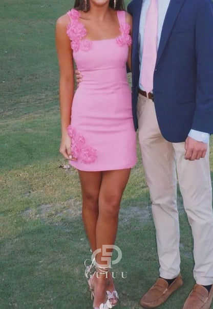 Hot Pink Floral Applique Square Neck Mini Homecoming Dress
