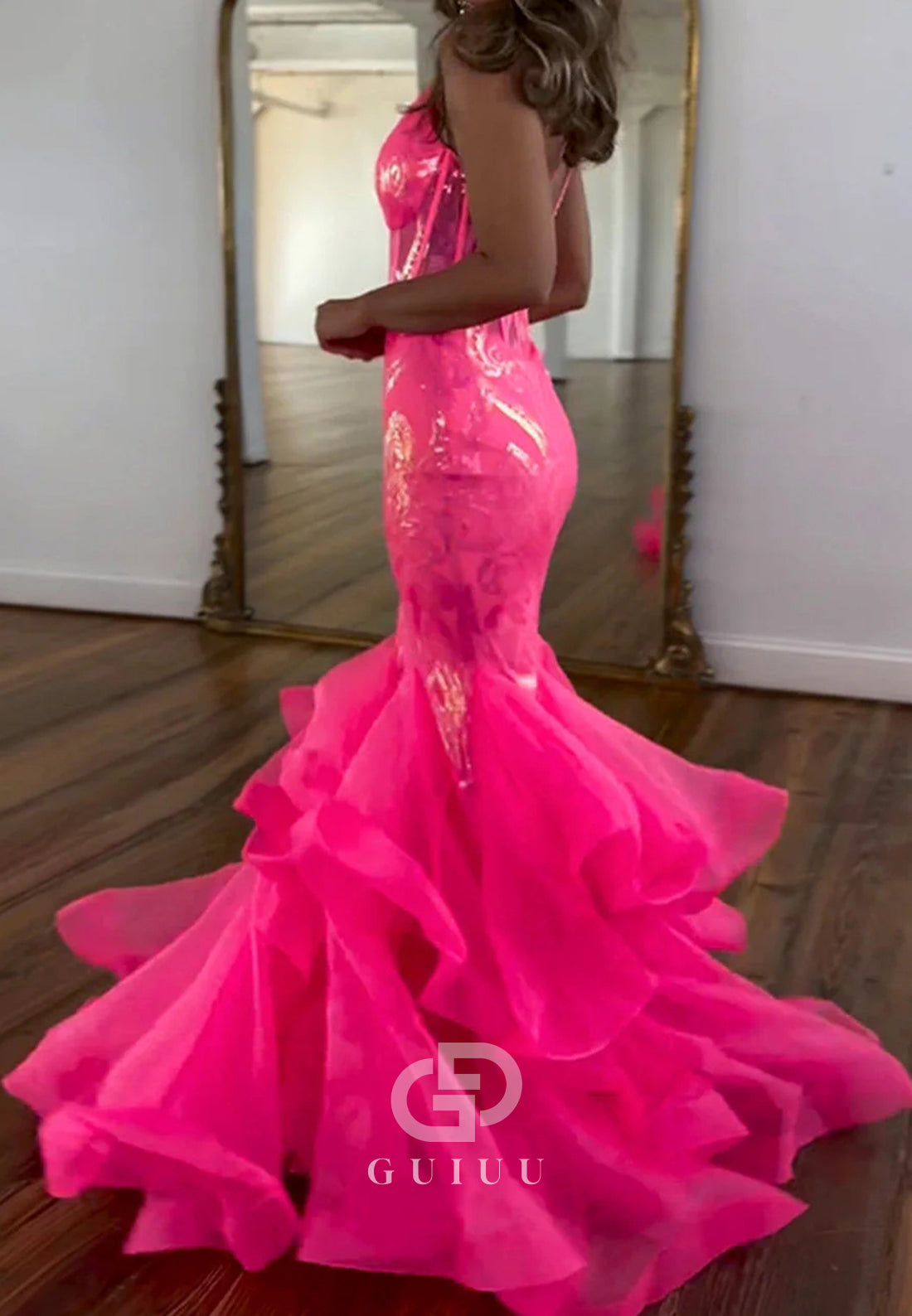Hot Pink Sequin Long Mermaid Spaghetti Straps Prom Dress With Ruffles