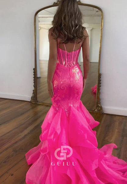 Hot Pink Sequin Long Mermaid Spaghetti Straps Prom Dress With Ruffles