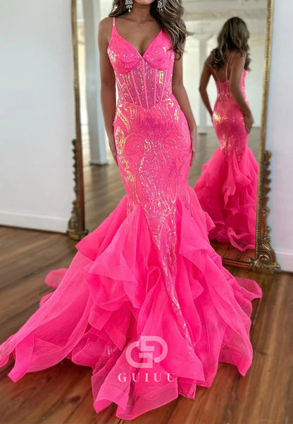 Hot Pink Sequin Long Mermaid Spaghetti Straps Prom Dress With Ruffles