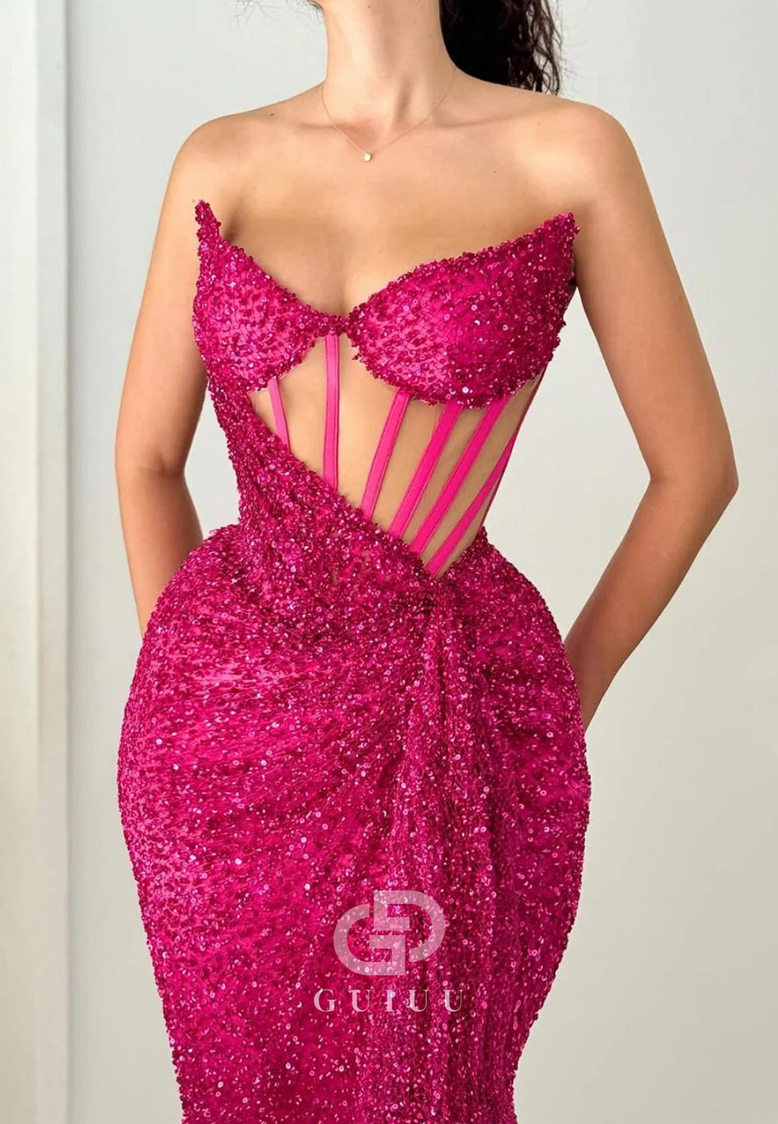Hot Pink Sequins Mermaid Strapless Long Formal Party Dress with Slit