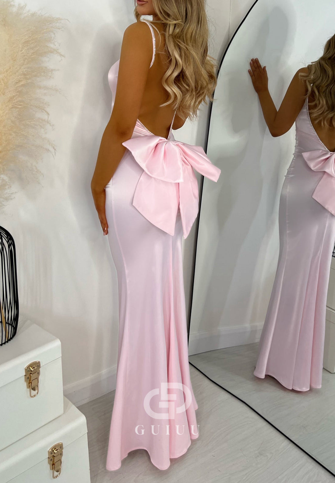 Spaghetti Straps Scoop Prom Dress with Bowknot Backless Evening Party Dress