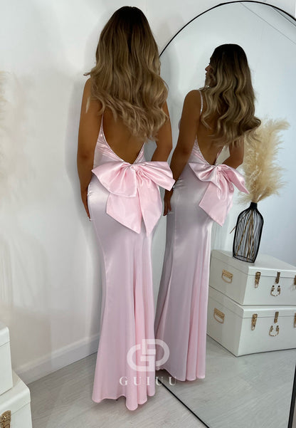 Spaghetti Straps Scoop Prom Dress with Bowknot Backless Evening Party Dress