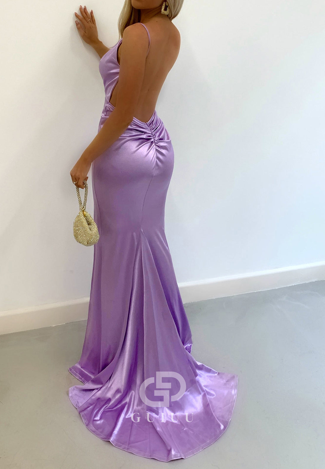 Sheath Spaghetti Straps V-Neck Prom Dress with Slit Ruched Evening Dress