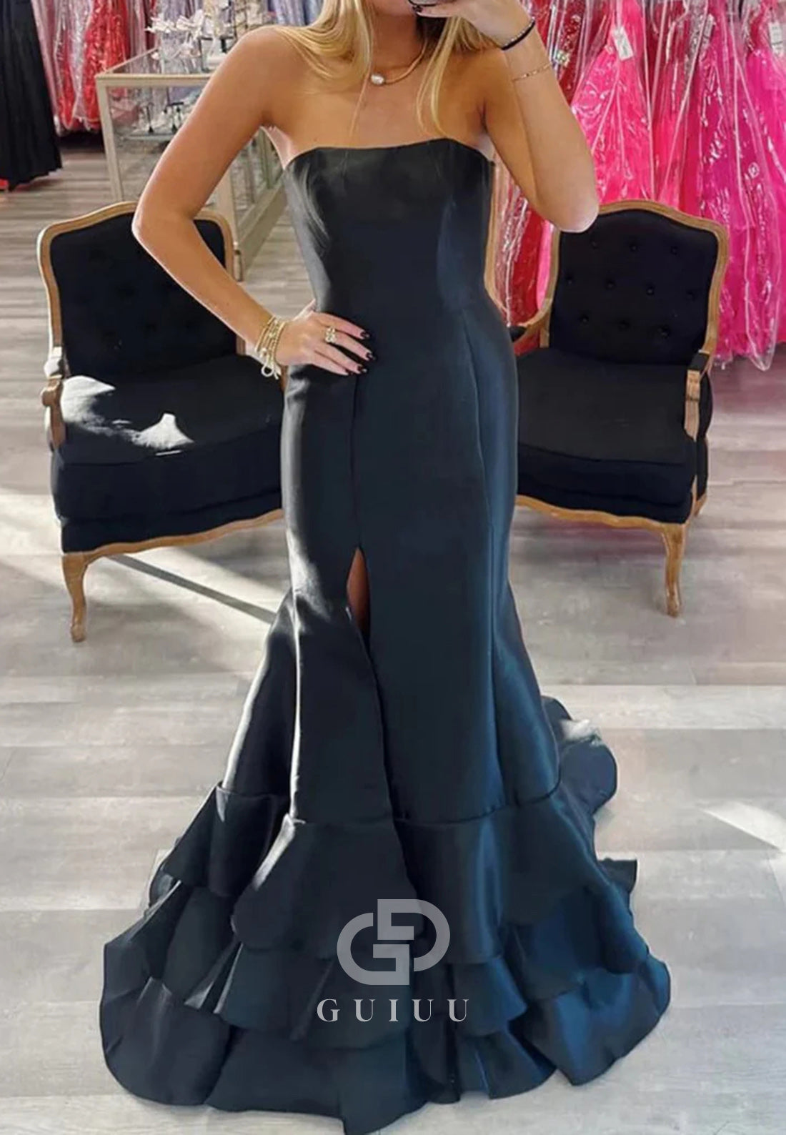 Mermaid Strapless Sleeveless Ruffles Prom Dresses With Slit