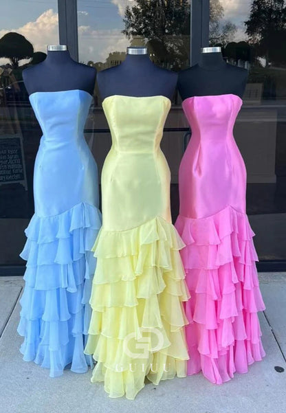 Mermaid Strapless Sleeveless Ruffles Prom Dresses With Slit